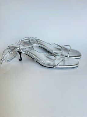 Marc Fisher Silver Braided Strap Kitten Heel Sandals